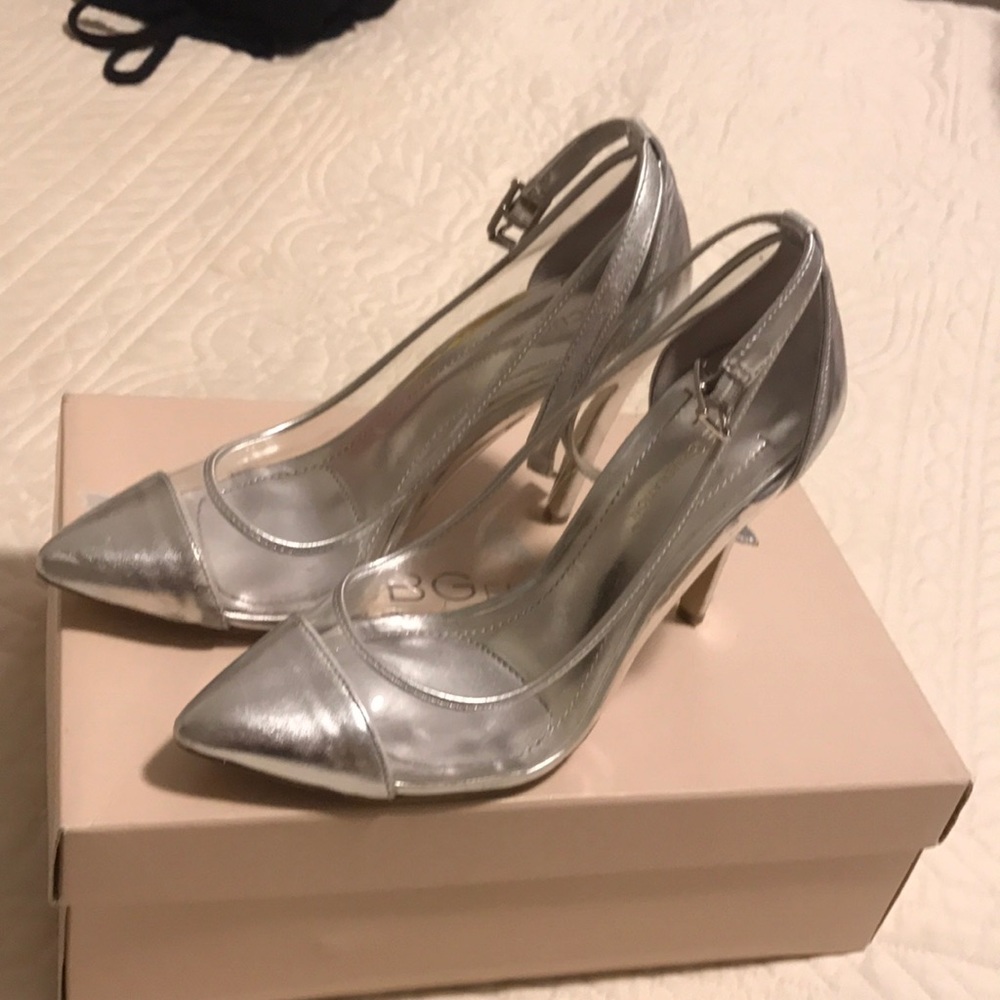 bcbg silver and clear heels